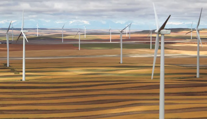 Electricity from towering turbines: wind-energy farm in Ethridge, Montana