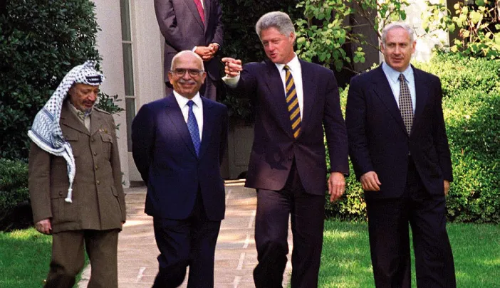 Bill Clinton with Yasser Arafat, King Hussein, and Benjamin Netanyahu, October 1, 1996, at the White House