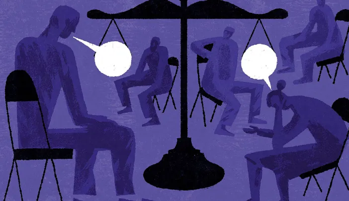 Illustration of seated people talking in a restorative justice circle