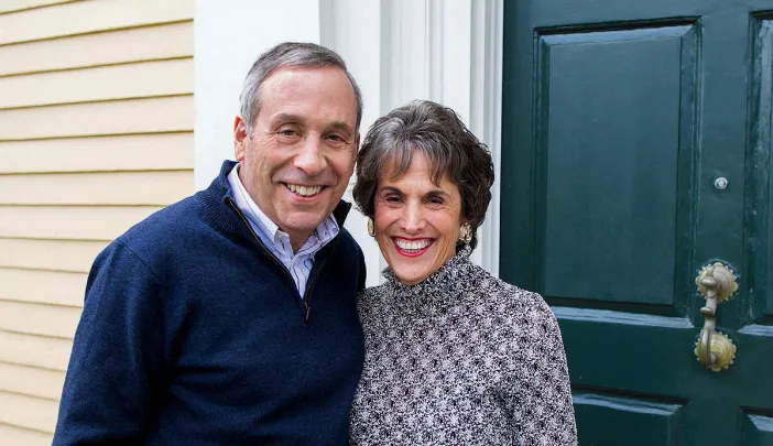 President Larry Bacow and Adele Fleet Bacow, photographed at Elmwood, April 2023