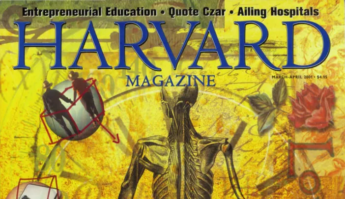 The cover from the March-April 2001 issue of Harvard Magazine with an illustration depicting an anatomical drawing of a human surrounded by the different contributions to aging well, or not.