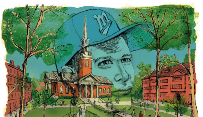 An illustration of Harvard Yard with a superimposed rendering of a youthful male figure contemplating his place at the College