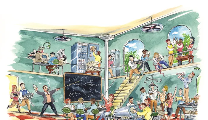 Illustration imagining the evolution of computer science at Harvard in a playful way