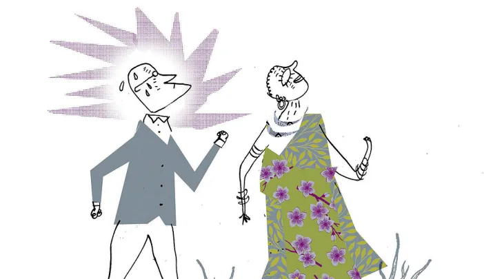 Illustration of a professor striving to keep up with a fast-walking elderly Hadza woman