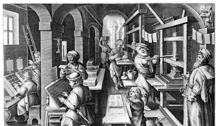 The <i>Invention of Book Printing</i> comes from <i>Nova Reperta</i> (New inventions and discoveries of modern times), by Stradanus (Jan van der Straet), the first such illustrated compendium of postclassical innovations (ca. 1599- 1603). The ability to print many copies of such works revolutionized communication of ideas in the sixteenth century.