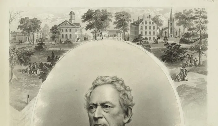 J.C. Buttre&rsquo;s portrait, probably drawn when Everett ran for vice president on the Constitutional Union Party ticket in 1860, links him to Harvard and George Washington, one of his favorite subjects. (His lectures raised more than $100,000 to help purchase Mount Vernon [see <a href="http://harvardmagazine.com/2011/05/granny-talk">“Granny Talk”</a>], and he wrote the entry on Washington for the 1860 <i>Encyclopaedia Britannica.</i>) 