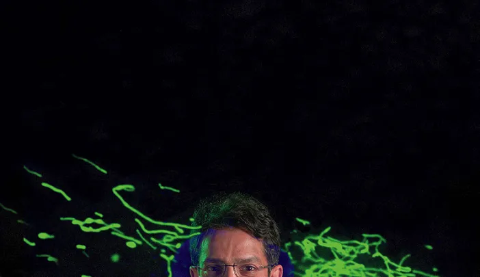 Vamsi Mootha with an image from his lab showing thread-like mitochondria (green) moving within a cell.