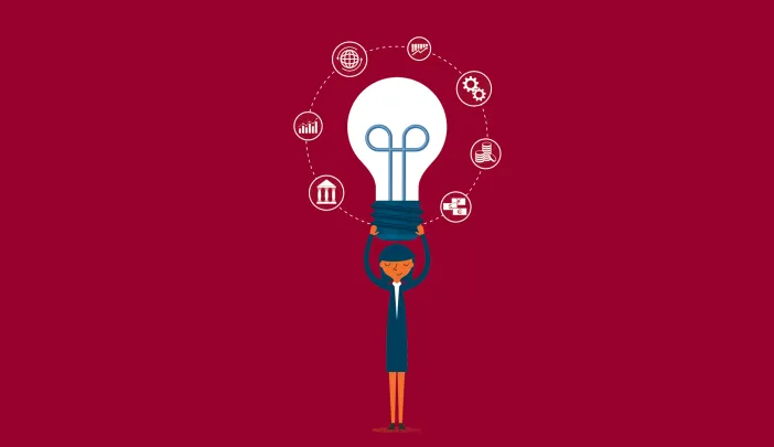 A person holding a light bulb with icons representing innovation and ideas surrounding it.