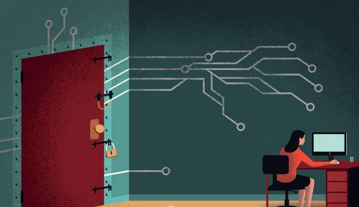 A woman sits at a desk with a computer, beside a red door connected by circuit lines.
