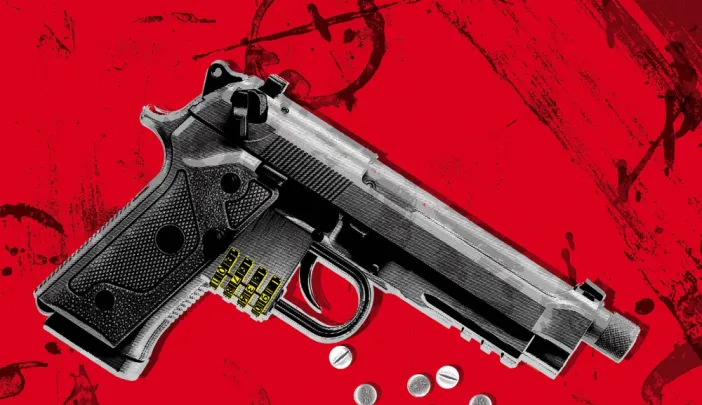 An illustration of a handgun with bullets