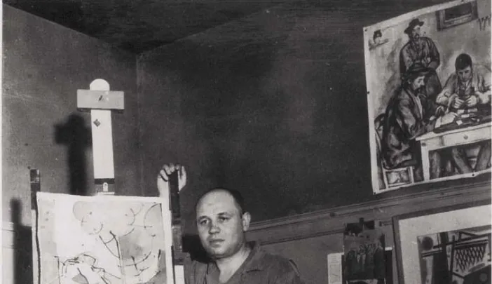 Photograph of artist Romare Bearden standing by an easel c. 1940