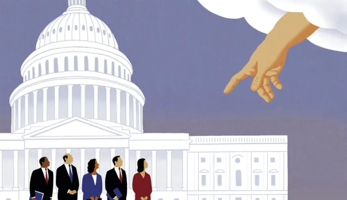 An illustration by James Steinberg shows a heavenly hand extending down to the U.S. Capitol and attempting to influence members of Congress