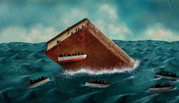 Illustration of book like a sinking ship, emblematic of problems in the humanities