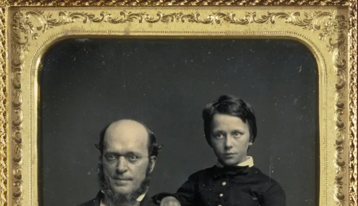 Henry James Sr. poses with his son Henry Jr. at Mathew Brady&rsquo;s studio in New York City, 1854.