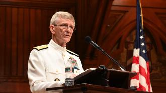 Vice Admiral Philip Cullom addresses audience at Sanders Theater