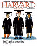 Illustration of three graduates, one wearing a red "MAGA" hat beneath their graduation cap.  Cover lines from top: International Students, Civil Rights, Retold, Doxxing. Harvard Magazine, September-October 2025- $7.99. Gen Z's politics are shifting (even at Harvard)
