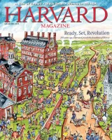 Colorful illustration of a historical scene outside Harvard University, people gathering for a celebration.