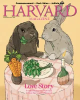 Two rabbits sharing a meal of carrots and greens on a tablecloth, with a warm yellow background.