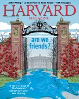 Harvard Magazine cover featuring a colorful illustration of a campus scene with red foliage.