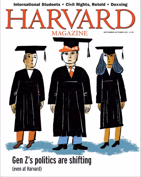 Illustration of three graduates, one wearing a red "MAGA" hat beneath their graduation cap.  Cover lines from top: International Students, Civil Rights, Retold, Doxxing. Harvard Magazine, September-October 2025- $7.99. Gen Z's politics are shifting (even at Harvard)