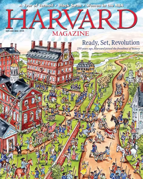 Colorful illustration of a historical scene outside Harvard University, people gathering for a celebration.