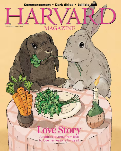 Two rabbits sharing a meal of carrots and greens on a tablecloth, with a warm yellow background.