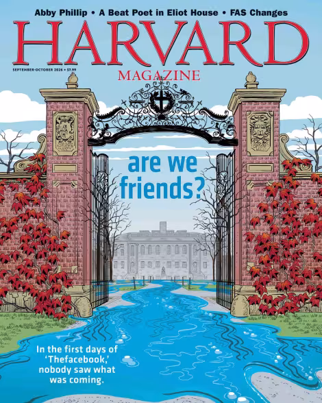 Harvard Magazine cover featuring a colorful illustration of a campus scene with red foliage.