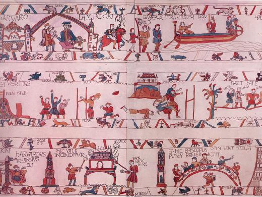 Illustration for Harvard Lampoon cover showing a Harvard-Yale football game rendered in the style of the famous Bayeux Tapestry