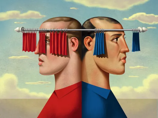 Illustration of two men facing opposite directions, one viewing the world through fully parted curtains, the other through curtains partially opened.