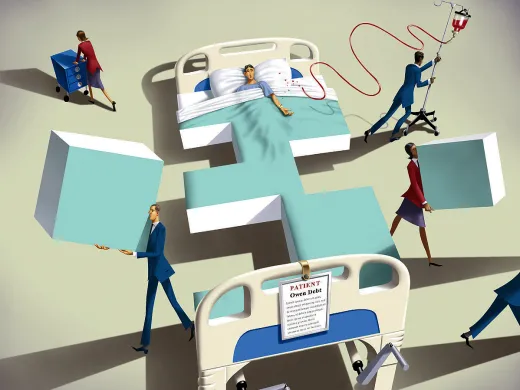 Illustration of a bedridden patient having chunks of the bed removed