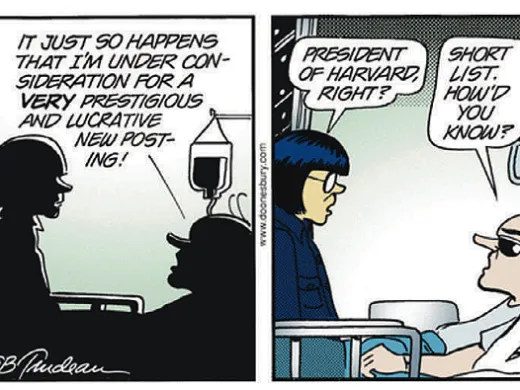 "Doonesbury" comic nominating Duke for Harvard president