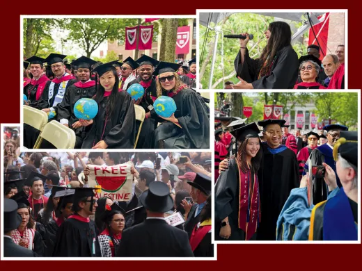 Commencement photos: Kennedy Schoolers ready to rule the world; Isabella E. Peña ’24 belts out the national anthem; a professor-student pose; ; pro-Palestinian protestors preparing to walk out
