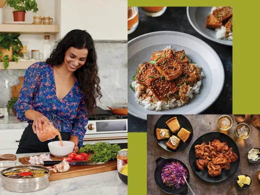 Collage of Chef Nisha Vora in the kitchen preparing a dish, a bowl of sticky coconut-milk-braised tofu over rice, and a plate of buttermilk-fried “chicken” with cornbread and dilly slaw.