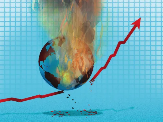 An illustration of a burning Earth breaking a rising red line graph, symbolizing the impact of climate change.