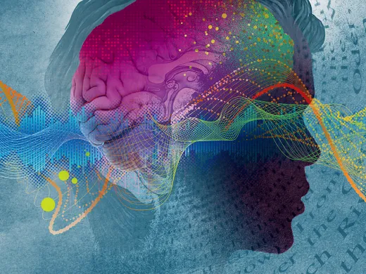 Illustration of a human head with abstract, colorful brain waves overlayed.