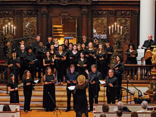 Boston Camerata performing in 2022, with a conductor in front