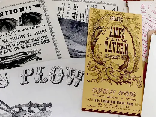 Assorted vintage printing samples, including an Ames Plow Tavern advertisement and Walpole Society notice.