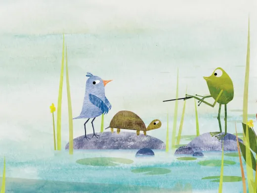 Illustration of Blue bird, turtle, and green frog by a pond with cattails and lily pads.