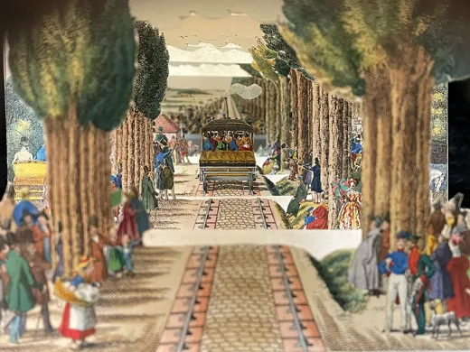 Perspective view of a train on tracks lined by trees, surrounded by colorfully dressed onlookers.