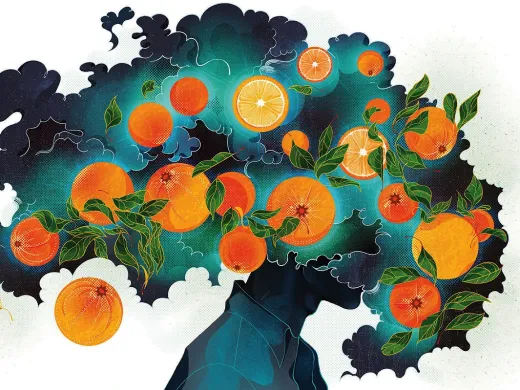 Illustration of a head in a cloud of oranges