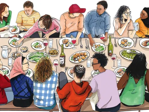 A color illustration of students from a diversity of backgrounds eating and talking together at a long dining hall-type table 