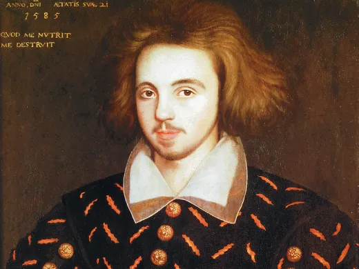 Renaissance portrait of young man thought to be Christoper Marlowe with light beard, wearing ornate black coat with gold buttons and red patterns.