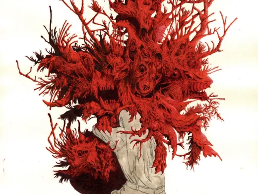 A stylized illustration of red coral branching from a gray base, resembling a fantastical entity.