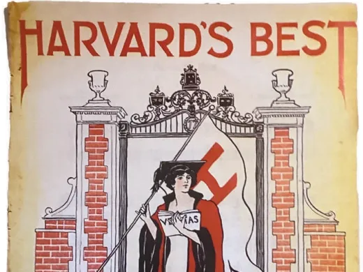 Cover of "Harvard's Best" featuring a woman in a red and black gown holding a sword.