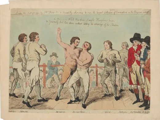 Two bare-knuckle boxers fight in a ring, surrounded by onlookers in 19th-century attire.