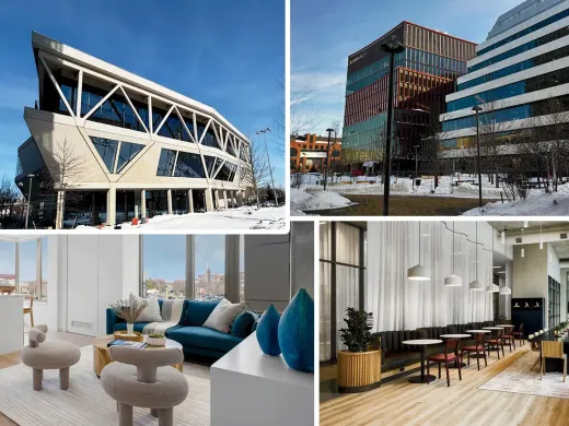 Modern campus collage: Treehouse Conference Center, One Milestone labs, Verra apartment, and co-working space.