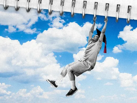 A person hanging from a spiral notebook with a blue sky and clouds in the background.
