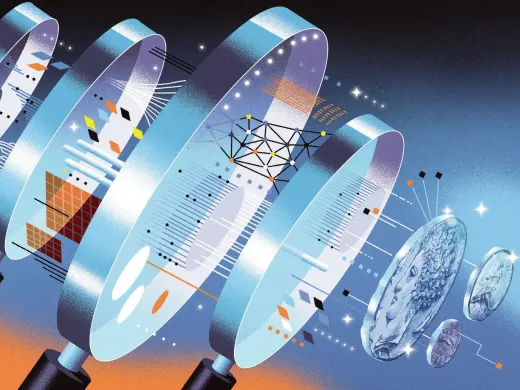 Four stylized magnifying glasses arranged in a gradient background with abstract patterns.