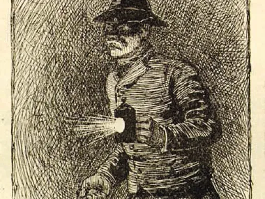 A man holding a revolver and lantern, wearing a hat and coat, appears to be walking cautiously.