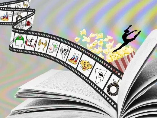 An open book with a film strip emerging, trailing popcorn and a dancer silhouette.
